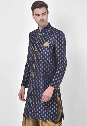 Printed Dupion Silk Sherwani in Navy Blue