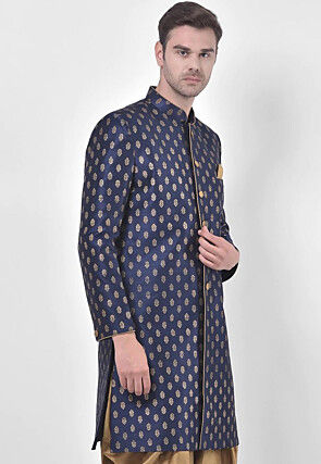 Printed Dupion Silk Sherwani in Navy Blue
