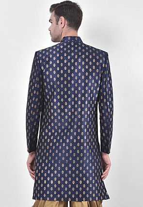 Printed Dupion Silk Sherwani in Navy Blue