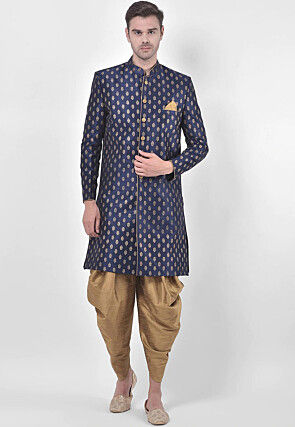 Printed Dupion Silk Sherwani in Navy Blue