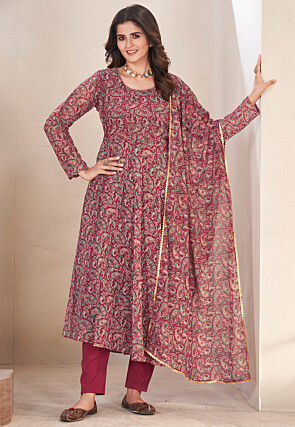 Printed Georgette A Line Suit in Maroon