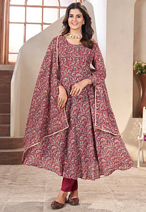 Printed Georgette A Line Suit in Maroon