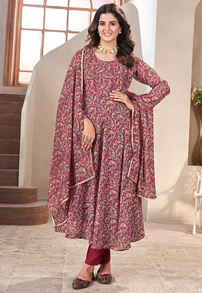 Printed Georgette A Line Suit in Maroon