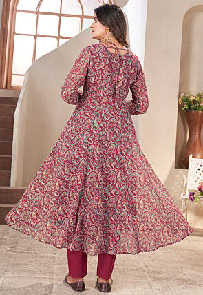 Printed Georgette A Line Suit in Maroon