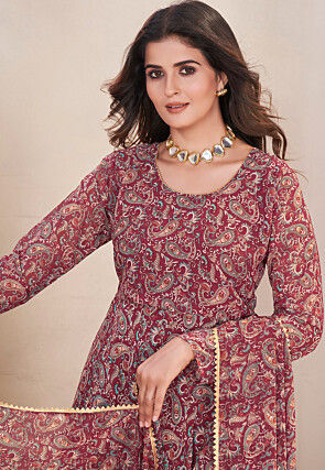 Printed Georgette A Line Suit in Maroon