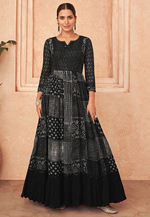 Printed Georgette Abaya Style Suit in Black