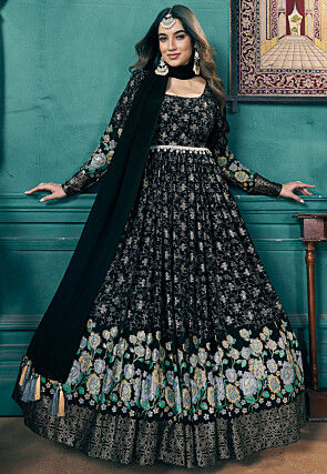 Printed Georgette Abaya Style Suit in Black