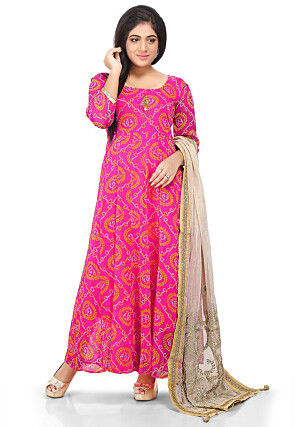 Printed Georgette Abaya Style Suit in Fuchsia