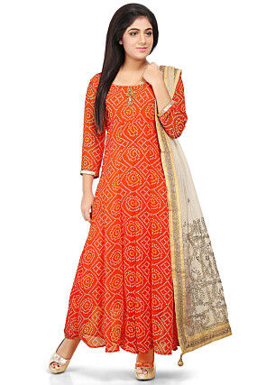 Printed Georgette Abaya Style Suit in Orange