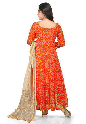 Printed Georgette Abaya Style Suit in Orange