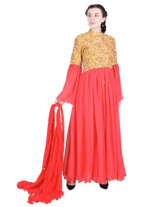 Printed Georgette Abaya Style Suit in Pink and Mustard