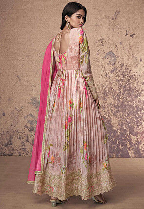 Printed Georgette Abaya Style Suit in Pink