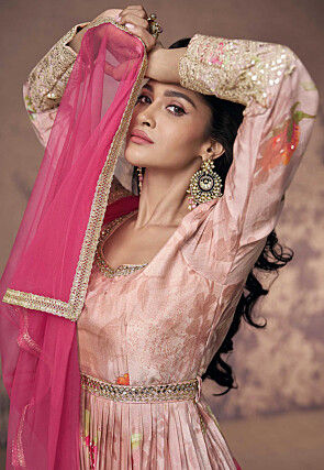 Printed Georgette Abaya Style Suit in Pink