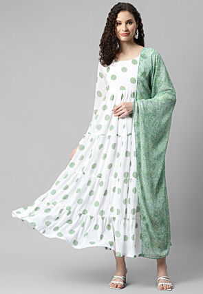 Printed Georgette Abaya Style Suit in White