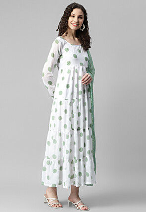 Printed Georgette Abaya Style Suit in White