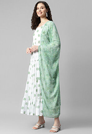 Printed Georgette Abaya Style Suit in White