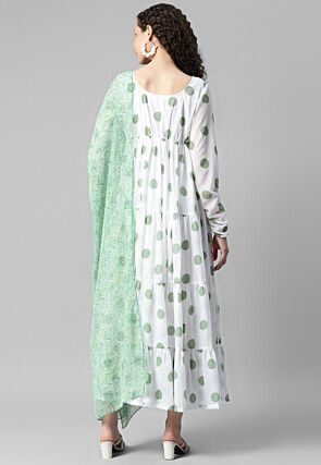 Printed Georgette Abaya Style Suit in White