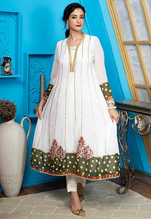 Printed Georgette Aline Kurta in Off White