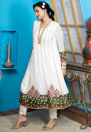 Printed Georgette Aline Kurta in Off White