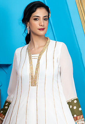 Printed Georgette Aline Kurta in Off White