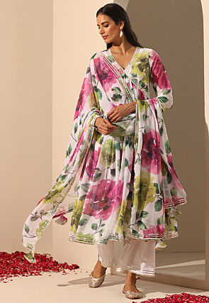 Printed Georgette Anarkali Suit in White