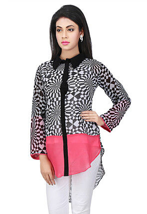 Printed Georgette Asymmetric Top in Black and White