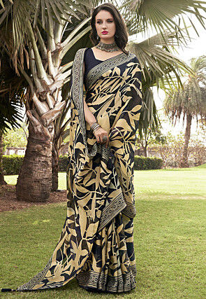 Foil Printed Georgette Brasso Saree in Dark Blue