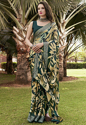 Foil Printed Georgette Brasso Saree in Dark Green
