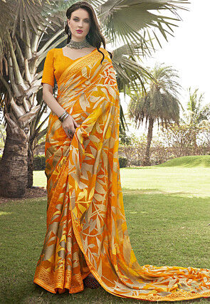 Foil Printed Georgette Brasso Saree in Mustard