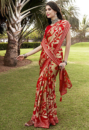 Foil Printed Georgette Brasso Saree in Red