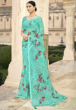 Printed Georgette Brasso Saree in Turquoise