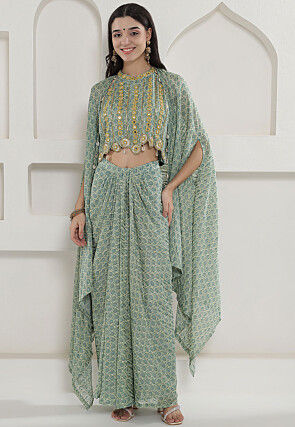 Printed Georgette Crop Top Set in Cream