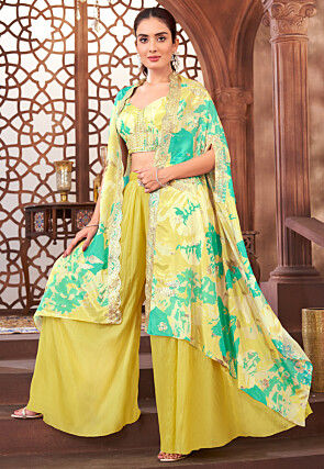 Printed Georgette Crop Top Set in Yellow