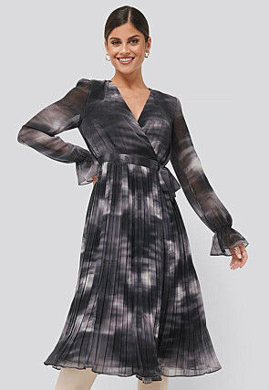 Printed Georgette Fit N Flare Dress in Black