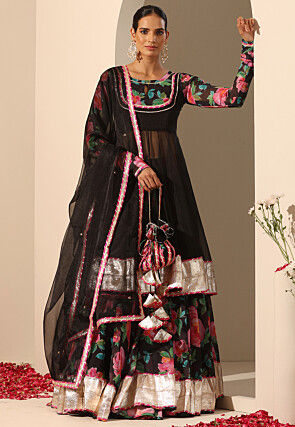 Printed Georgette Lehenga in Black