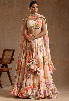 Printed Georgette Lehenga in Light Orange