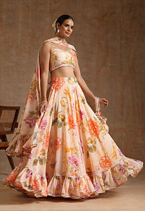 Printed Georgette Lehenga in Light Orange