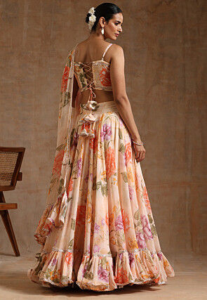 Printed Georgette Lehenga in Light Orange