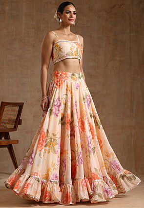 Printed Georgette Lehenga in Light Orange