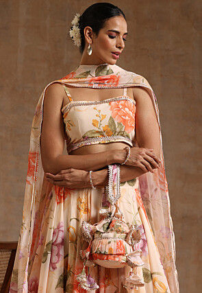 Printed Georgette Lehenga in Light Orange
