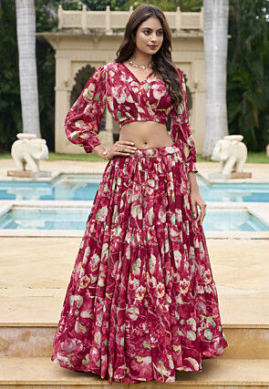 Printed Georgette Lehenga in Red