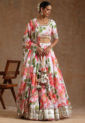 Printed Georgette Lehenga in White