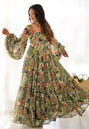 Printed Georgette Maxi Dress in Dusty Green