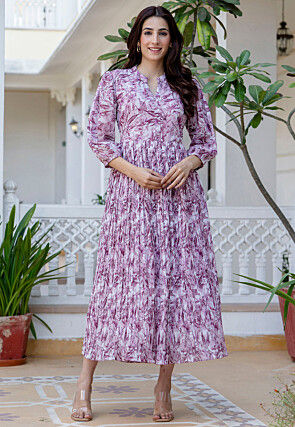 Printed Georgette Maxi Dress in Purple