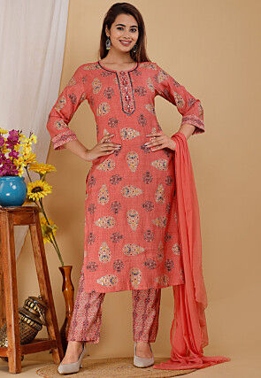 Printed Georgette Pakistani Suit in Dark Peach