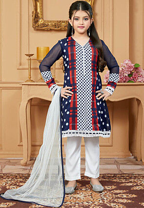 Printed Georgette Pakistani Suit in Navy Blue