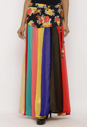 Printed Georgette Panelled Skirt in Multicolor
