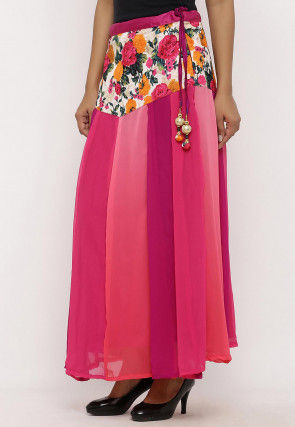 Printed Georgette Panelled Skirt in Multicolor