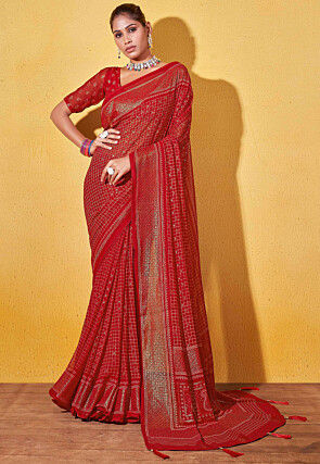 Red Faux Chiffon Checks Designer Sarees, Red Faux Chiffon Checks Designer  Saris and Red Faux Chiffon Checks Beautiful Sarees Online Shopping