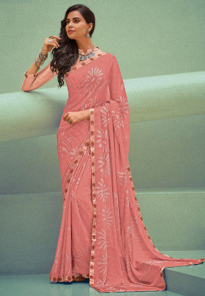 Printed Georgette Saree in Peach